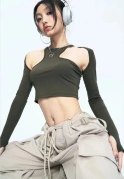 Cold Shoulder Long Sleeve Crop Top With Sleeves