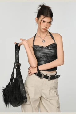 Metallic Ruched Halter Neck Crop Top -Modern Wear Shop 49323a004031e92c8ea6d8844003938a