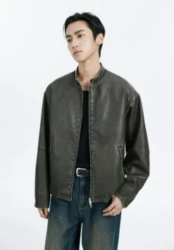 Faux Leather Mid-Crop Racer Jacket With Zipped Pockets -Modern Wear Shop 495540ac1090d491dc75f3753529e370