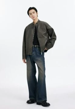 Faux Leather Mid-Crop Racer Jacket With Zipped Pockets -Modern Wear Shop 495ca8b1774257a9776c86e9e6146fe9