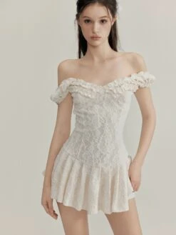 Ruffle Lace Off Shoulder Pleated Mini Dress -Modern Wear Shop 495cf4c67dbac5956895becb0095f318