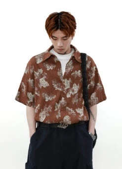 Leaf Print Textured Short Sleeve Button Shirt -Modern Wear Shop 49e2518f538c71d2b0a499372ceb4dd2