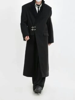 Oversized Velvet-Lapel Long Coat With Metal Buckles -Modern Wear Shop 49f3d4f7d2b0390d485be58af78aefd3