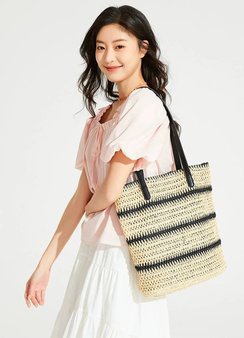 Woven Striped Tote With Leather Handles 2 Woven Striped Tote With Leather Handles - Image 2