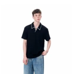 Cable Knit Short Sleeve Polo Shirt With Contrast Trim Collar -Modern Wear Shop 4a32d948b284ea7850625ca5d7ed6810