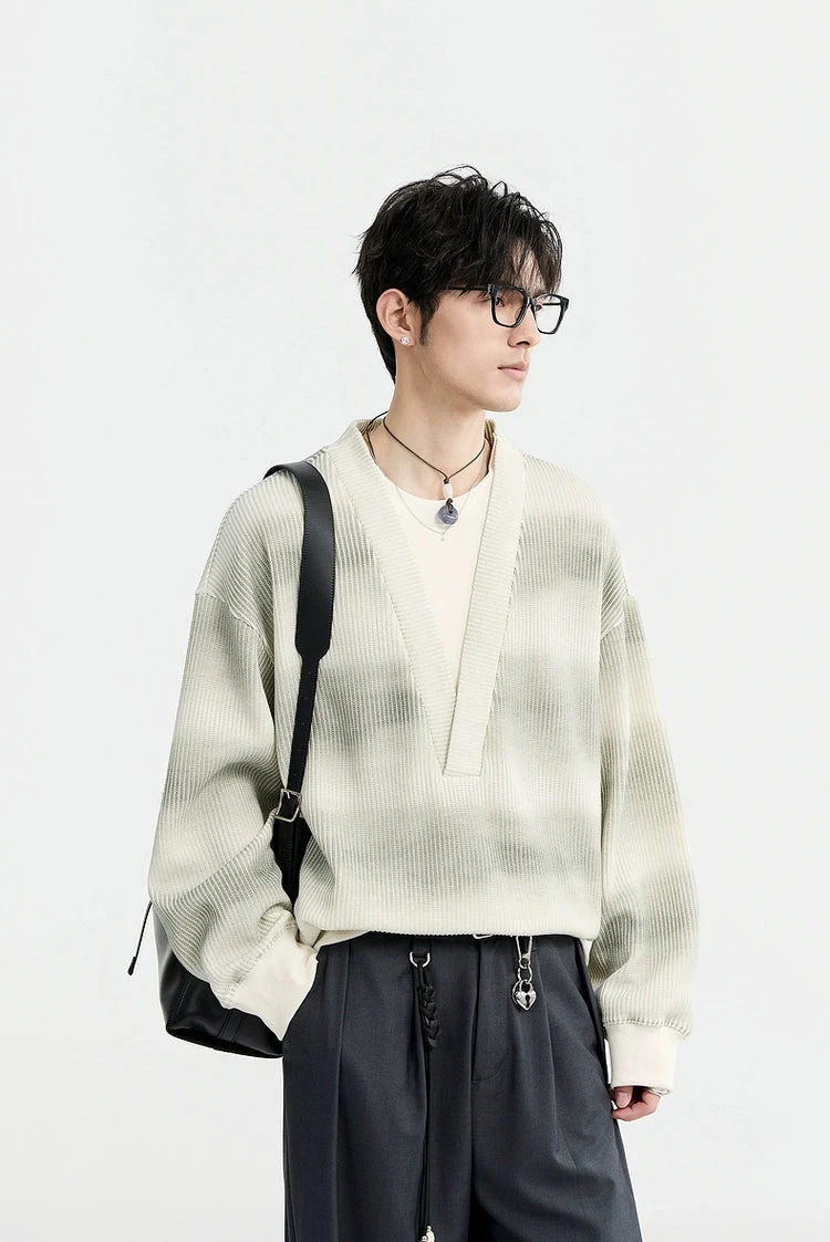 Mock Layered Gradient Ribbed V-Neck Knit Sweater 4 Mock Layered Gradient Ribbed V-Neck Knit Sweater - Image 4