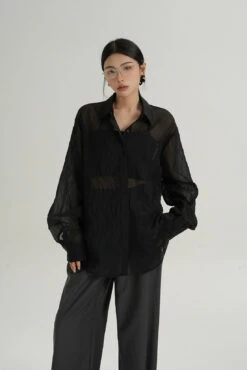 Sheer Wave Texture Long Sleeve Button Top -Modern Wear Shop 4b352d8c8f11448703bb4bb534c92905