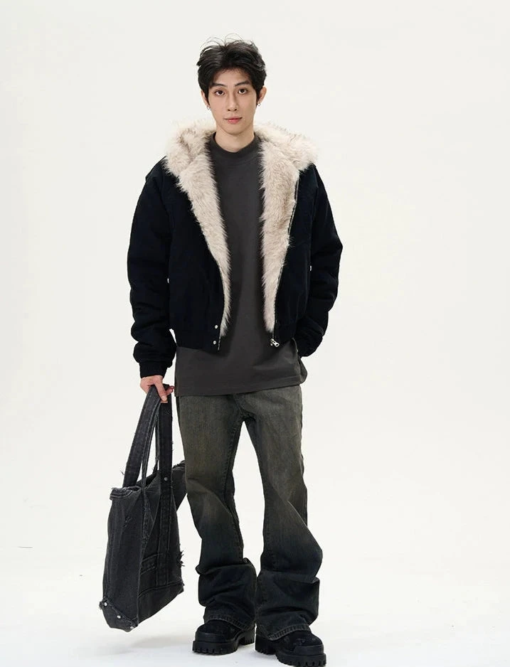 Oversized Faux Fur Collar Hooded Bomber Jacket 3 Oversized Faux Fur Collar Hooded Bomber Jacket - Image 3