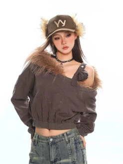 Faux Fur Trim Off-Shoulder Long Sleeve Top With Single Strap -Modern Wear Shop 4bddc0f77d6617a7e402eb03501e16c3