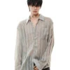 Sheer Striped Button-Up Long Sleeve Shirt With Chest Pocket