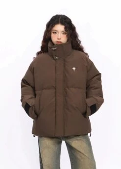 Puffer Jacket With High Collar Buckles Detail
