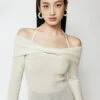 Off-Shoulder Ribbed Long Sleeve Halter-Neck Sweater Top
