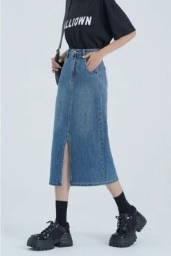 Classic Midi Denim Skirt With Front Slit -Modern Wear Shop 4c1b9dc681c0d1795b822170c81c2344