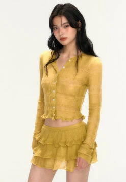 Sheer Ruffle Hem Button Knit Top And Tiered Mini Skirt Two-Piece Set -Modern Wear Shop 4c23b8a19181db8aaa52e908a85af238