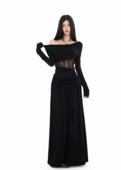 Off Shoulder Lace Panel Top And Ruched Waist Maxi Skirt Two-Piece Set -Modern Wear Shop 4c349968938bf360c8e7b2622451c8b3