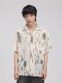 Textured Button-Up Shirt With Abstract Tie-Dye Pattern