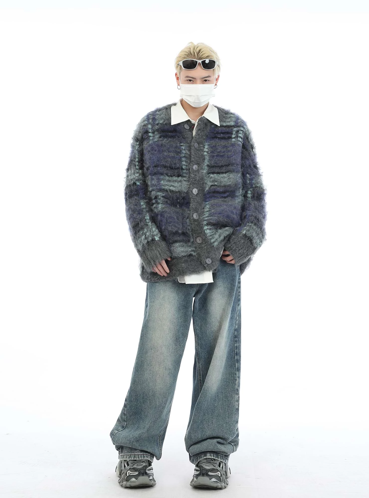 Fuzzy Mohair Knit Plaid Cardigan 4 Fuzzy Mohair Knit Plaid Cardigan - Image 4