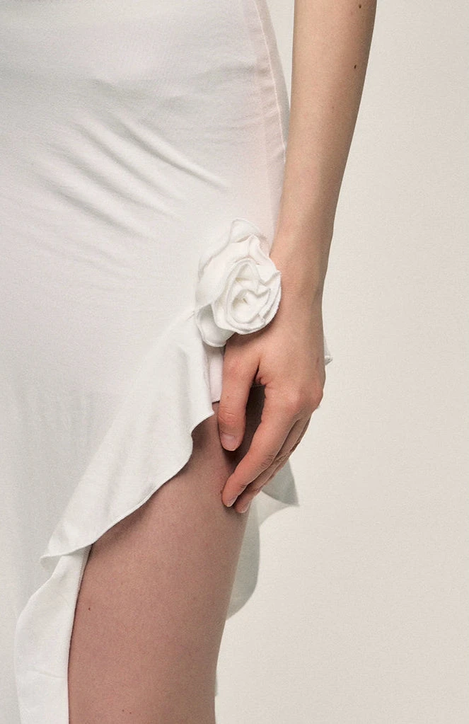 Ruffle Hem Sheer Sleeve Ruched Midi Dress With Flower Accent 11 Ruffle Hem Sheer Sleeve Ruched Midi Dress With Flower Accent - Image 11