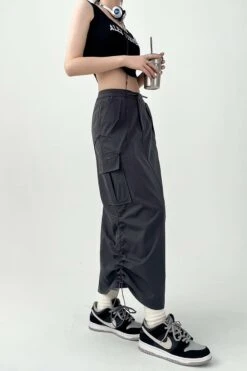Side Ruched Parachute Cargo Midi Skirt -Modern Wear Shop 4cbe46de83ec4e443fbc74fdafaed87f