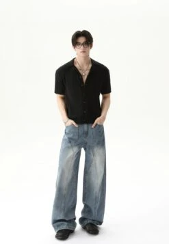 Cable Knit Button-Up Short Sleeve Shirt With Open Collar -Modern Wear Shop 4ce472bff02f91e37d5583837cf4c00d