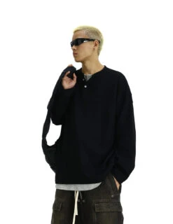 Oversized Henley Pullover Mock-Layered Long Sleeve Tee -Modern Wear Shop 4d56734e97058452dbd13b5384983a38