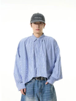 Oversized Striped Drop-Shoulder Cropped Button-Up Shirt
