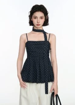Ruched Polka Dot Spaghetti Strap Top With Scarf Detail