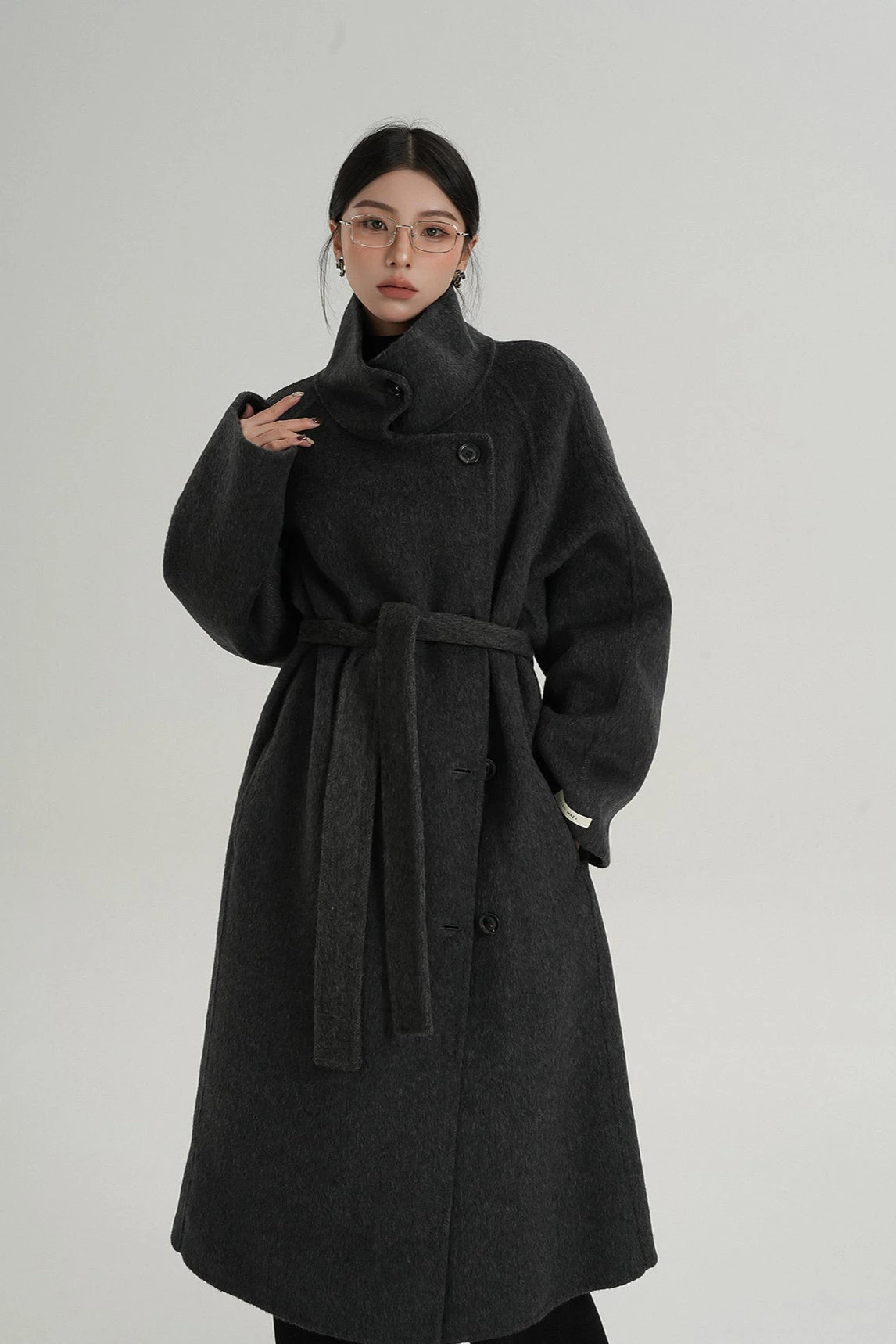Asymmetric Button Belted Long Coat 8 Asymmetric Button Belted Long Coat - Image 8