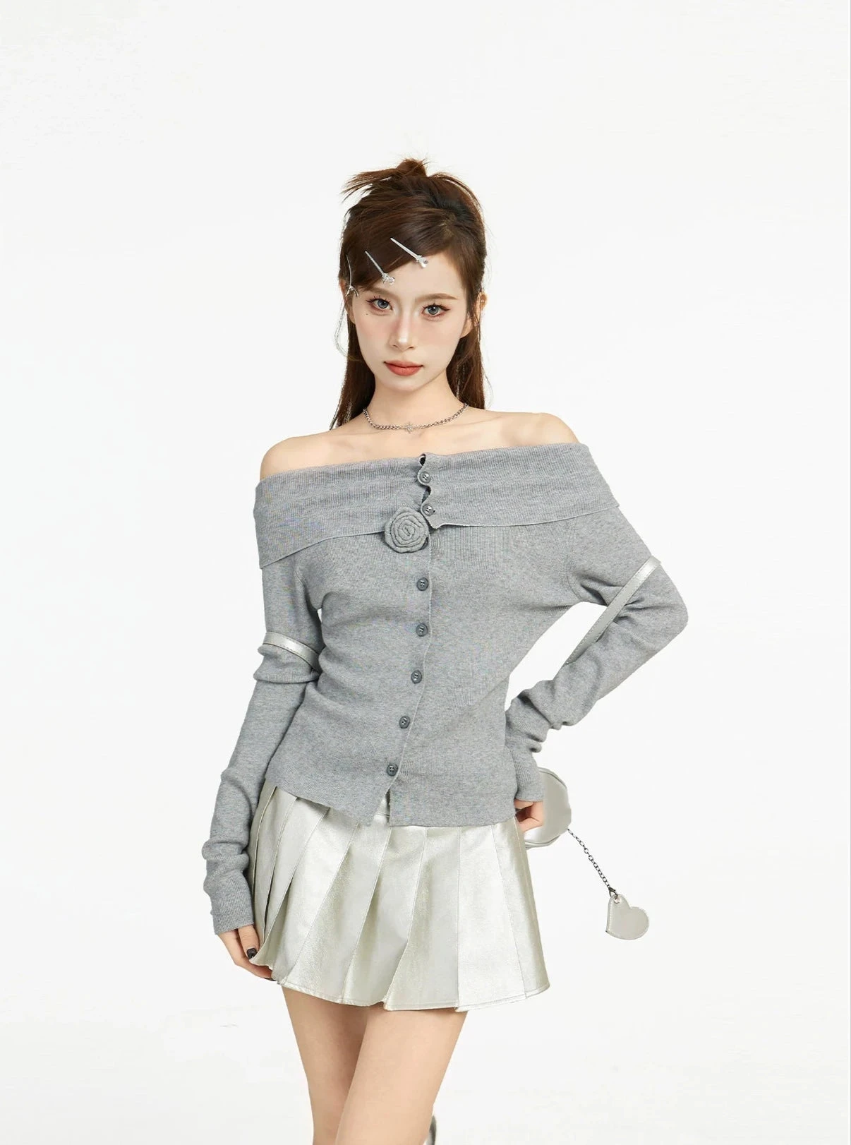 Off Shoulder Long Sleeve Button Top With Flower Applique 3 Off Shoulder Long Sleeve Button Top With Flower Applique - Image 3