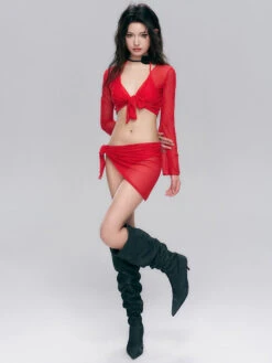 Sheer Sleeve Tie-Front Bikini With Sarong Set -Modern Wear Shop 4dca0208bfb0a7ddf149b6e4637a103f