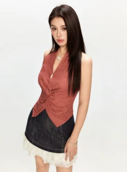 Gingham Front Twist Halter Top With Asymmetric Hem -Modern Wear Shop 4df68257bc5cbce9b442c9e5cae77122