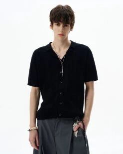 Textured Cable Knit Button-Up Shirt With Spread Collar -Modern Wear Shop 4e257d5e454b18ee58b20c1ea4debb60