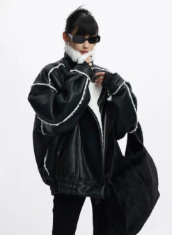 Oversized Faux Leather Jacket With Sherpa Lining And Trim -Modern Wear Shop 4e2cacc384cd58ec6ab34a20ff4e3946