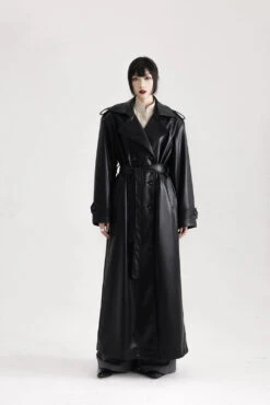 Longline Faux Leather Double Breasted Trench Coat