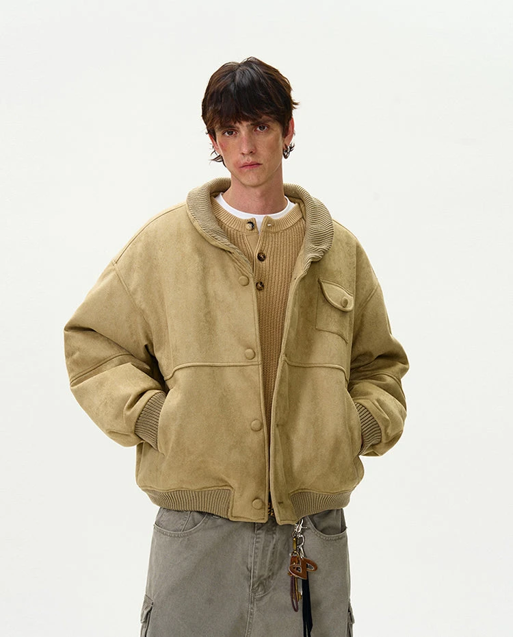 Oversized Suede Bomber Jacket With Button Pocket 3 Oversized Suede Bomber Jacket With Button Pocket - Image 3