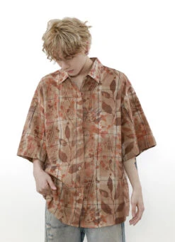Checkered Leaf Print Oversized Short Sleeve Button Shirt -Modern Wear Shop 4e8d5ca35b143a1126ebacffc0fc7934