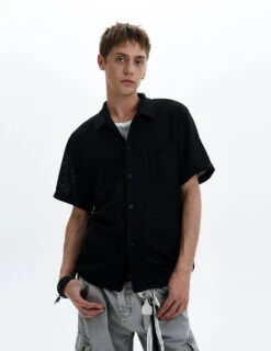 Textured Open-Knit Short Sleeve Button-Up Shirt With Patch Pockets -Modern Wear Shop 4e9d75e7807410a91f63f9a9a6c5ab82