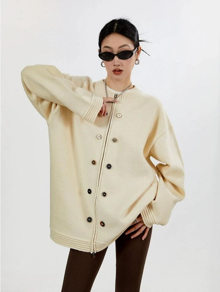 Ribbed Trim Zip-up Cardigan With Button Details 2 Ribbed Trim Zip-up Cardigan With Button Details - Image 2