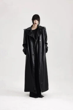 Longline Faux Leather Double Breasted Trench Coat -Modern Wear Shop 4efa52d19eb351bb24ce20965070d583