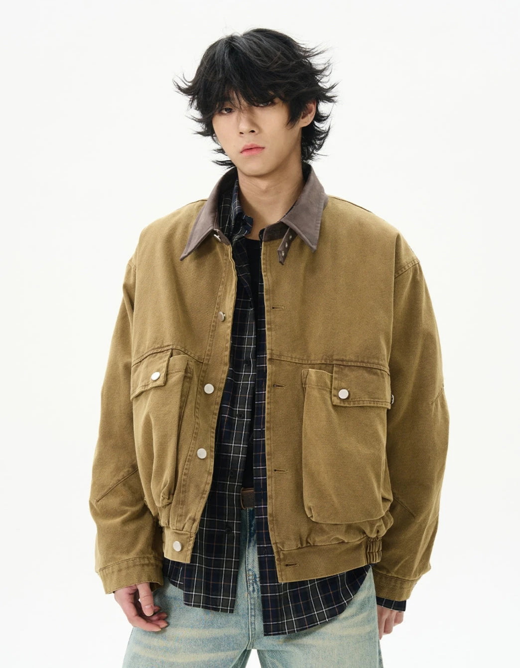 Oversized Worker Button Jacket With Contrast Collar 1 Oversized Worker Button Jacket With Contrast Collar