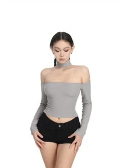 Off-Shoulder Long Sleeve Crop Top With Choker-Neck -Modern Wear Shop 4f0c589dad5252f61541cf9d6e9fb0d7