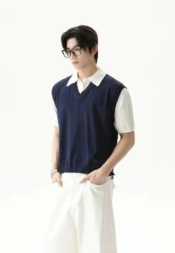 Ribbed Mock Two-Piece Vest Collared Shirt
