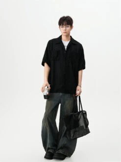 Sheer Open Knit Short Sleeve Button Up Shirt With Chest Pockets -Modern Wear Shop 4f5ff74eec030ce1e698cdc5d86916e9