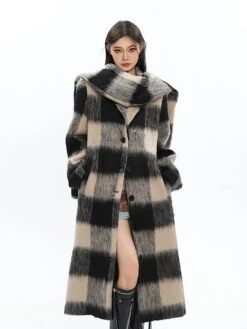 Oversized Fuzzy Checkered Overcoat With Scarf Detail -Modern Wear Shop 4fa12b24bc81cc6aeae02a850e425e51