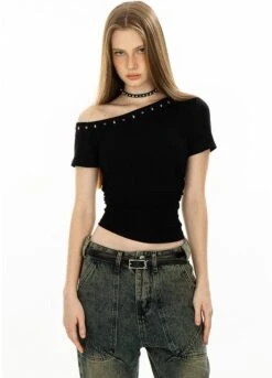 Asymmetric Studded Neckline Crop Top 25 Asymmetric Studded Neckline Crop Top -Modern Wear Shop 4ff24d45da016045606b81d9af885a85