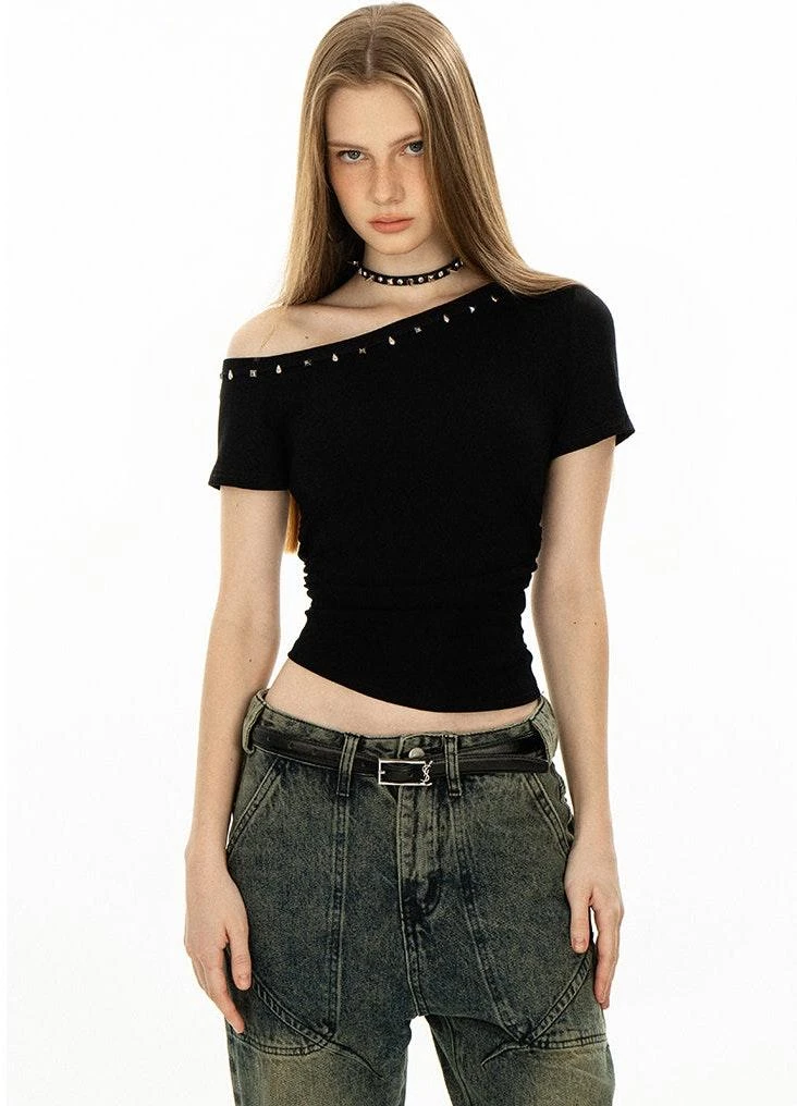 Asymmetric Studded Neckline Crop Top 9 Asymmetric Studded Neckline Crop Top - Image 9