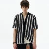 Stripe Open Knit Button Shirt With Collar