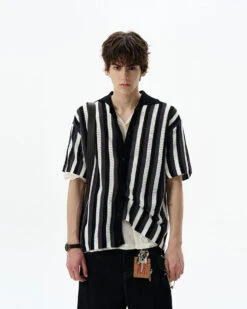 Stripe Open Knit Button Shirt With Collar