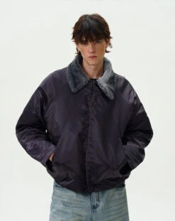 Contrast Faux Fur Collar Glossy Snap Button Bomber Jacket -Modern Wear Shop 502529e3b94bb83bf94fe8bfef96264d