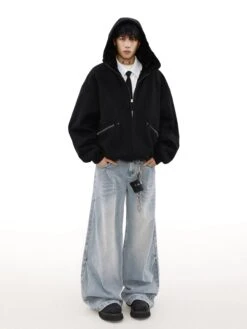 Sherpa-lined Hooded Suede Bomber Jacket -Modern Wear Shop 504d4fbbbd00a18ab3128617938f1043